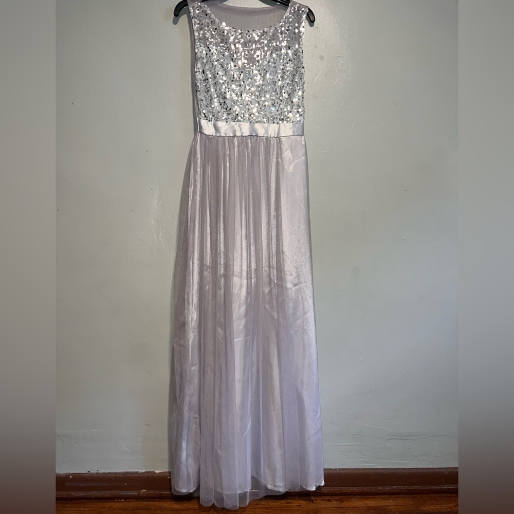 Silver sequence girl’s bridesmaids dress!